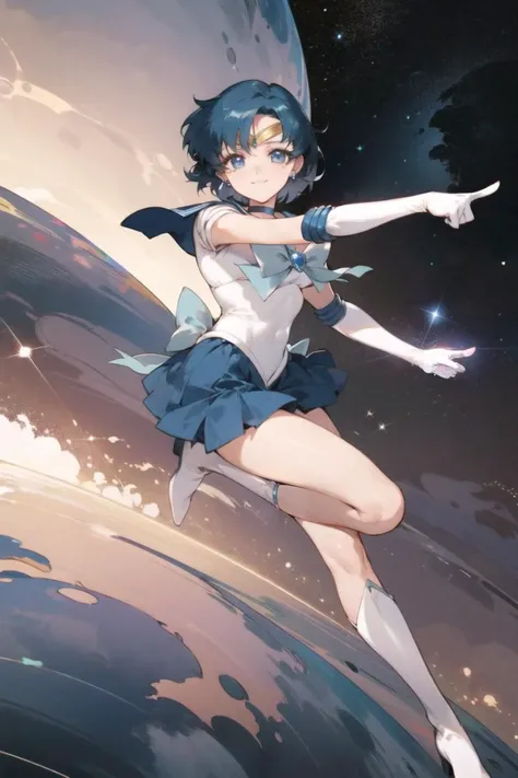 <lora:mercury_v2:0.751> mer1, tiara, sailor senshi uniform, (full_body,) 
blue sailor collar, bow, knee boots, choker, white gloves, blue choker, elbow gloves, jewelry, earrings, blue skirt, 
crystal_sword, holding_sword, scouter, 
pointing_at_viewer, reac...