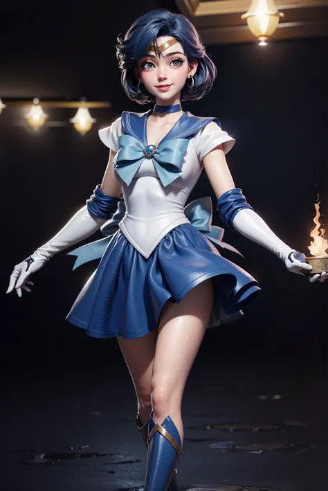 3dmm style,(masterpiece, top quality, best quality, official art, beautiful and aesthetic:1.2), (fractal art:1.3), 1girl, beautiful, high detailed,lighting, bloom, cinematic lighting,smiling,mer1, tiara, sailor senshi uniform,blue sailor collar, bow, knee ...