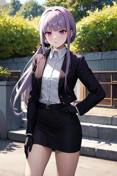 masterpiece, best quality, highres, aakyoko, long hair, purple hair, ponytail, blunt bangs, black jacket, open clothes, long sleeves, collared shirt, shirt tucked in, black gloves, black suit, skirt, <lora:kirigiri_kyoko_v1:0.8>, hand on hip, cowboy shot, ...