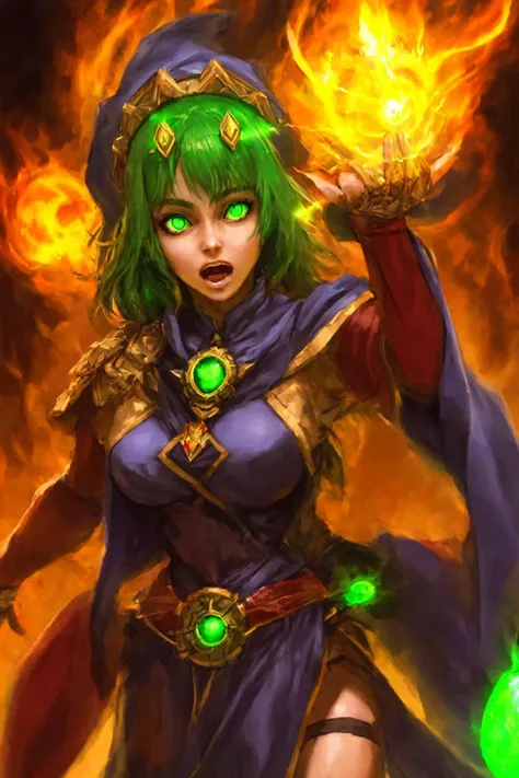 1women mage glowing green eyes, grabbing an orb of blazing energy, trending on artstation