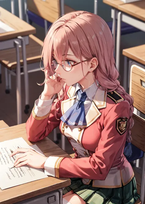 masterpiece:1.2, best quality, emma millstein,  <lora:emma-nvwls-v1-final:0.8>, pinkish brown hair, braided ponytail, blue ascot, school uniform, plaid skirt, black thighhighs, loafers, glasses, writing, sitting at desk, chair, classroom, sitting at desk, ...