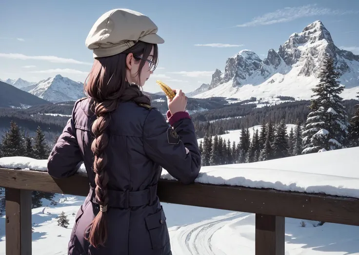 masterpiece:1.2, best quality, 1girl, 1cat, emma millstein,  <lora:emma-nvwls-v1-final:0.8>, braided ponytail, purple winter coat, white snow pants, white snow boots, glasses, newsboy hat, back view, upper body, close up, snowboard, snowy, mountain, 