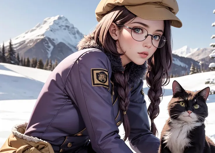 masterpiece:1.2, best quality, 1girl, 1cat, emma millstein,  <lora:emma-nvwls-v1-final:0.8>, braided ponytail, purple winter coat, white snow pants, white snow boots, glasses, newsboy hat, back view, upper body, close up, snowboard, snowy, mountain,  black...