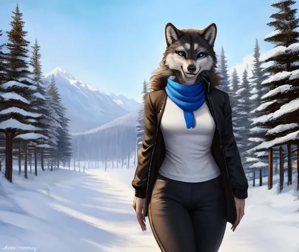 ((masterpiece)), hyper realistic, best quality, ((intricate details)),  foxovh honovy hioshiru personalami, front view
BREAK
a beautiful and detailed portrait of a female walking in the middle of a boreal forest covered in snow ((Alaskan Timber wolf)),((fl...