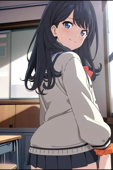 anime,screencap,solo,1girl,@ @,facing viewer,smile, from back,shy,leg,slender body,classroom,looking other,<lora:takarada_rikkav2:0.7>,takarada rikka, blue eyes, black hair, long hair, bangs,school uniform, white cardigan, black miniskirt, red bowtie, oran...