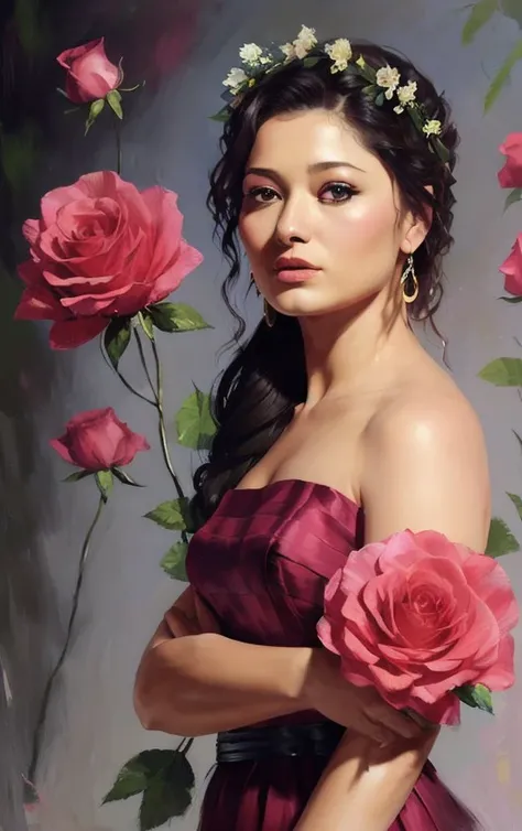 (zxzxnurgul:1.2) with flowers in her hair and a wreath of pink roses on her head, standing in front of a dark background, painted by artgerm and tom bagshaw, fantasy art, dramatic lighting, highly detailed oil painting
<lora:nurgul-000024:0.7>,