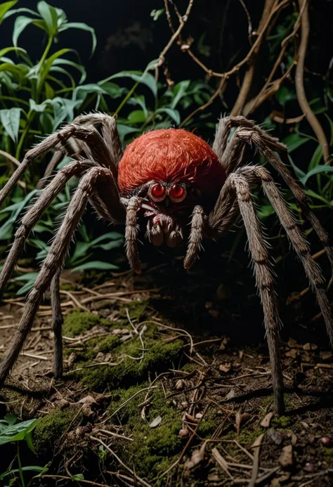 (medium full shot) of (menacing spider) with a red furry abdomen, large size, spotted legs , luminescent web, glowing eyes, loca...