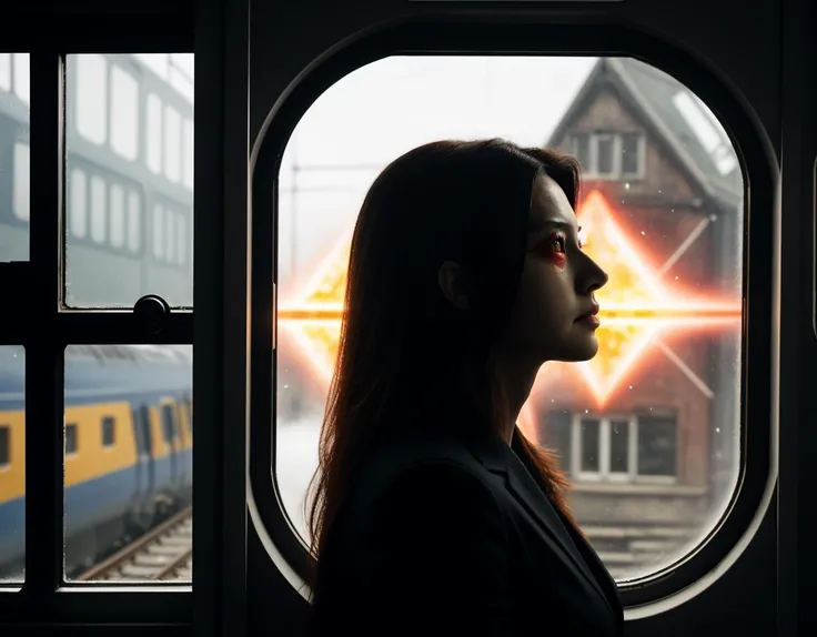 three cornered window, back of head shot of (woman looking out of triangle window:1.1), 3rd person, Looking out the triangular window of a (train:1.1) with triangular windows, triangular windows and triangular, wheels,  in a fantasy world, 
psychedelic, ge...