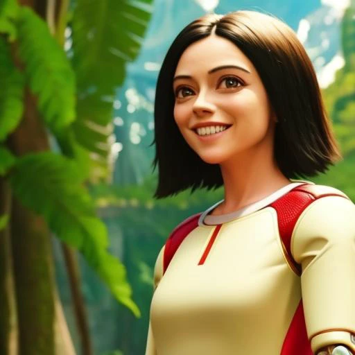 alita woman smiling and standing in nature <lora:alita-test-3:0.6>