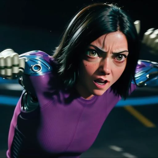 alita woman looking tense and punching <lora:alita-test-1:0.7>