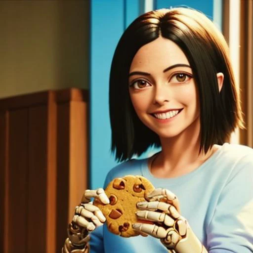 alita smiling and eating a cookie <lora:alita-test-3:0.6>