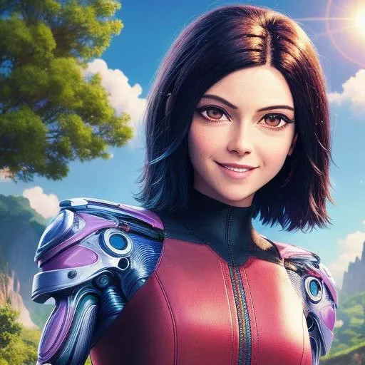 alita woman smiling and standing in nature <lora:alita-test-1:0.6>