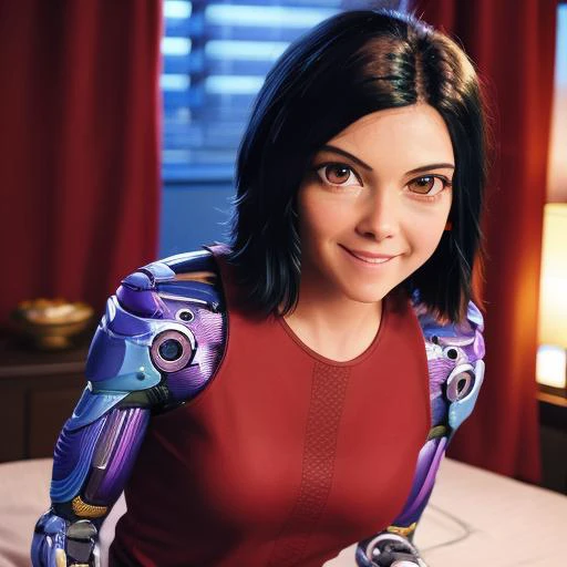 alita sitting on bed, smiling, <lora:alita-test-1:0.8>, high res