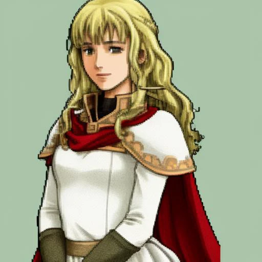 1girl, solo focus, simple background, (Halfbody Sprite:1.2), vanilla fire emblem, 1Girl, mature woman, looking at viewer, princess, long hair, blonde hair, white dress, capelet