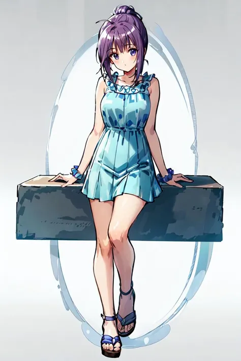 anime girl in blue dress sitting on a wooden bench