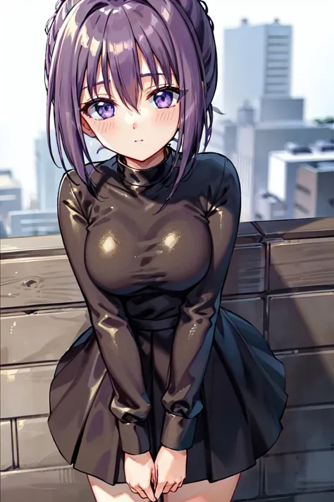 anime girl in black dress posing on a rooftop with city in background