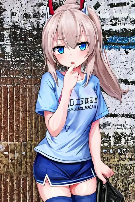 anime girl with blue eyes and a blue shirt with horns