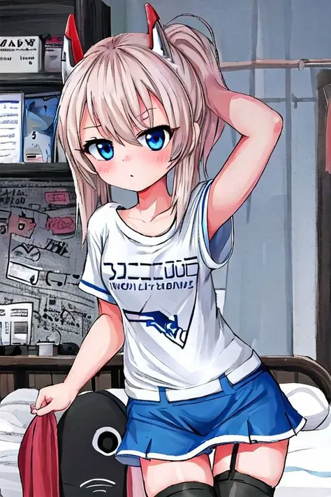 anime girl in a white shirt and blue shorts sitting on a bed