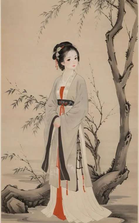 a painting of a woman in a kimono standing next to a tree