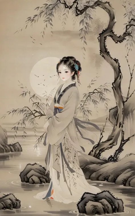 a painting of a woman in a white dress standing in a river