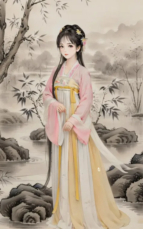 a painting of a woman in a pink and yellow dress