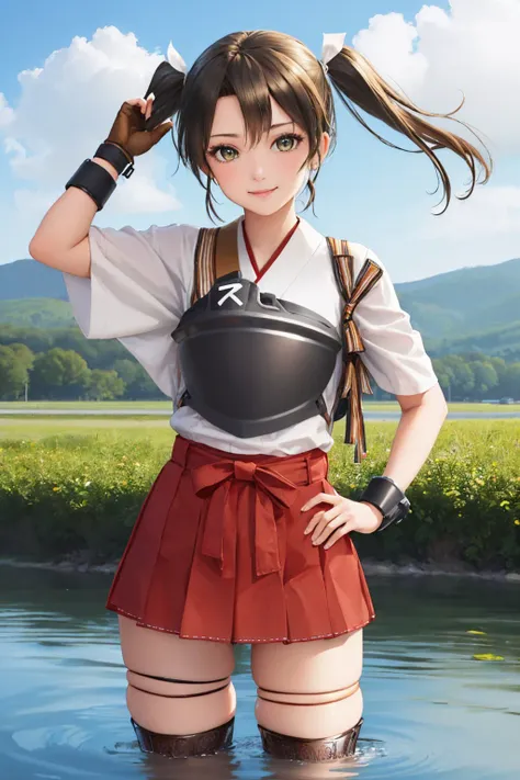 (masterpiece, best quality:1.2), <lyco:kancolle_zuikaku-10:1.0>, cowboy shot, solo, 1girl, kczuikaku, smile, looking at viewer, hand in own hair, wading, twintails, hair ribbon, japanese clothes, muneate, hakama short skirt, thighhighs, thigh boots, gloves