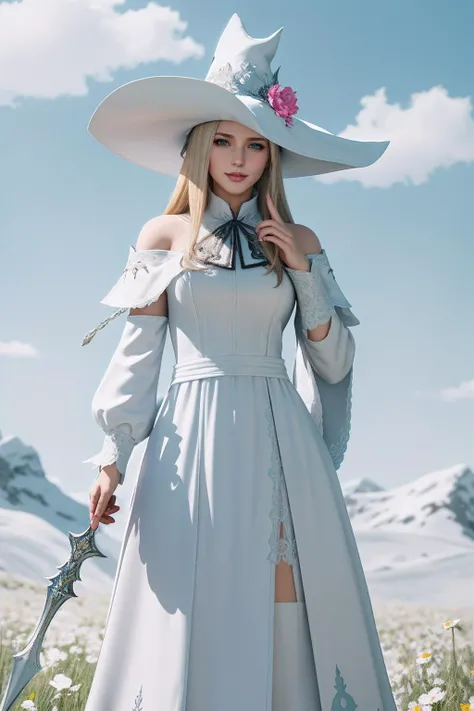 ((Masterpiece, best quality,edgQuality)),smug,smirk,blonde hair,
edgWHM, white mage robe, a woman in a white dress and hat standing in a field or flowers , wearing edgWHM,<lora:edgWhiteMage_MINI:1>