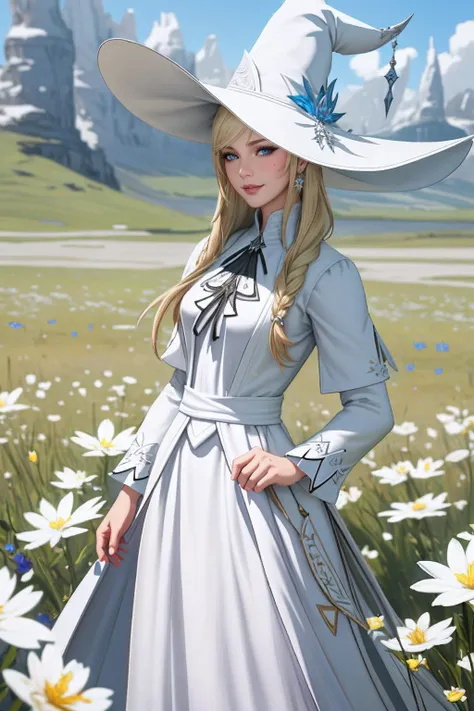 ((Masterpiece, best quality,edgQuality)),smug,smirk,blonde hair,
edgWHM, white mage robe, a woman in a white dress and hat standing in a field or flowers , wearing edgWHM,<lora:edgWhiteMage_MINI:1>