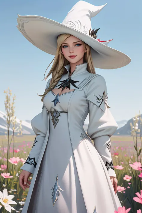 ((Masterpiece, best quality,edgQuality)),smug,smirk,blonde hair,
edgWHM, white mage robe, a woman in a white dress and hat standing in a field or flowers , wearing edgWHM,<lora:edgWhiteMage_MINI:1>