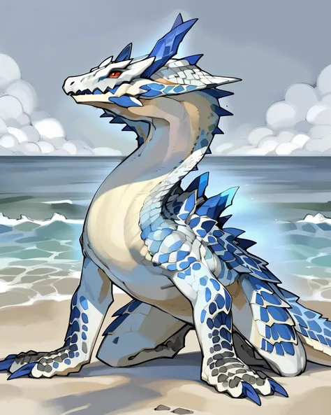 a close up of a dragon on a beach near the ocean