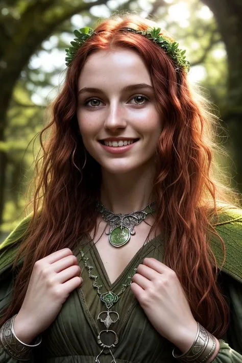 18 yo skinny girl, portrait, druid, red hair, celtic medieval fantasy, fantastic,  excellence, happy smile, ultradetailed, bright sunny sky,  celtic irish druid background nature, cascade pond, celtic irish druid leafy forest, water ripples reflections, we...