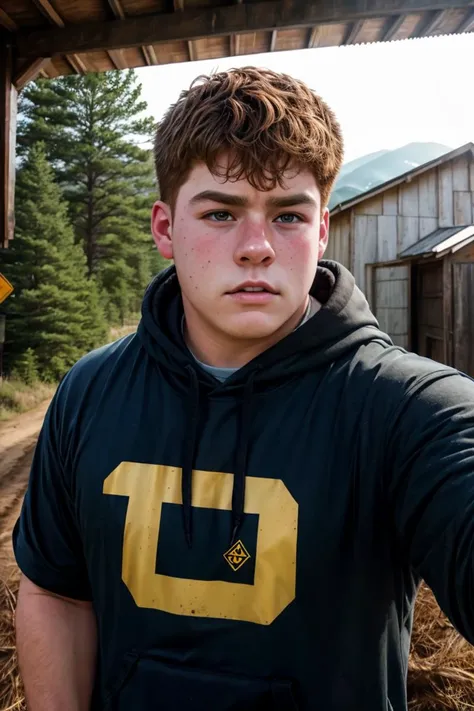 candid photograph, dg_Dale 20yo 1boy, bully, Appalachian, detailed angry realistic face, selfie, hoodie, pants, dirt road, <lora:dg_Dale_v1:0.85>