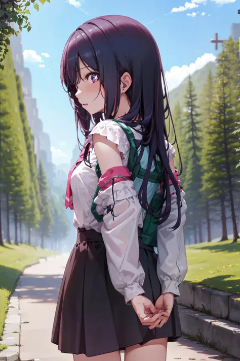 anime girl with long hair and a backpack standing on a sidewalk