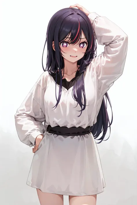 anime girl with long black hair and white dress posing