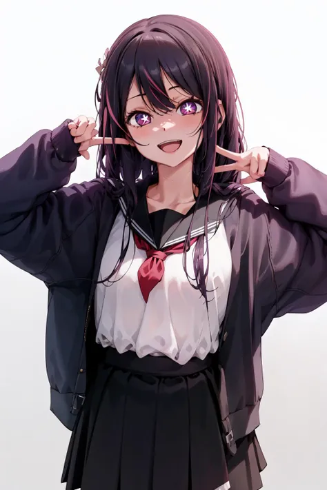 anime girl with black hair and purple eyes posing for a picture