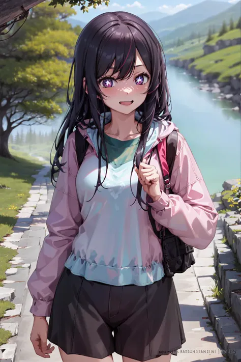 anime girl with backpack walking down a path by a river