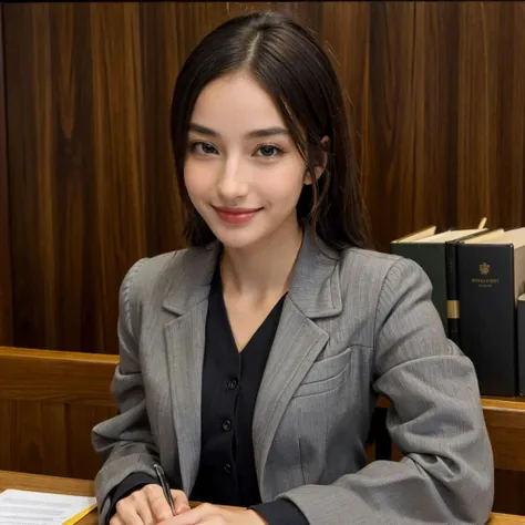 arafed woman in a gray suit sitting at a desk with a pen and paper