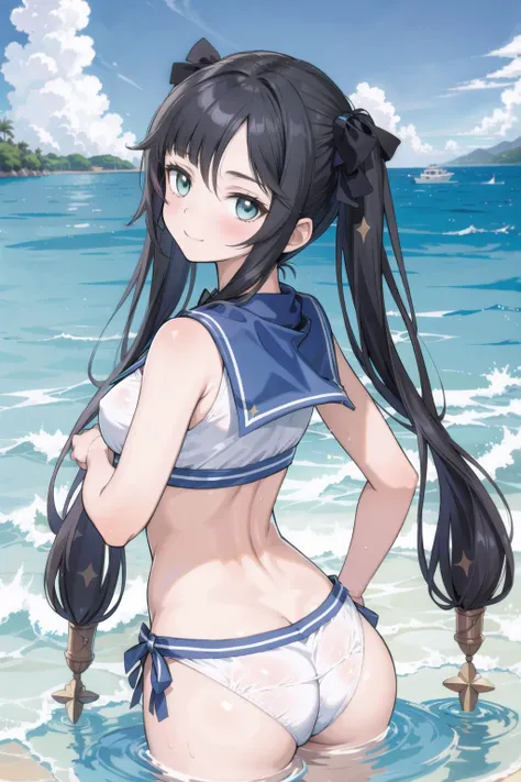 masterpiece, best quality, highres, from behind, looking at viewer, mona (genshin impact), imas_sailor_bikini, striped bow, medium breasts, thick thighs, twintails, long hair, black hair, hair ribbon, black ribbon,  green eyes, blush, smile, wading, ocean,...