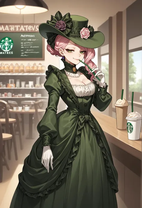 solo <lora:koyanskaya_pony:1> pink hair, single sidelock, hat, green headwear, victorian, dress, green dress, white gloves, clea...