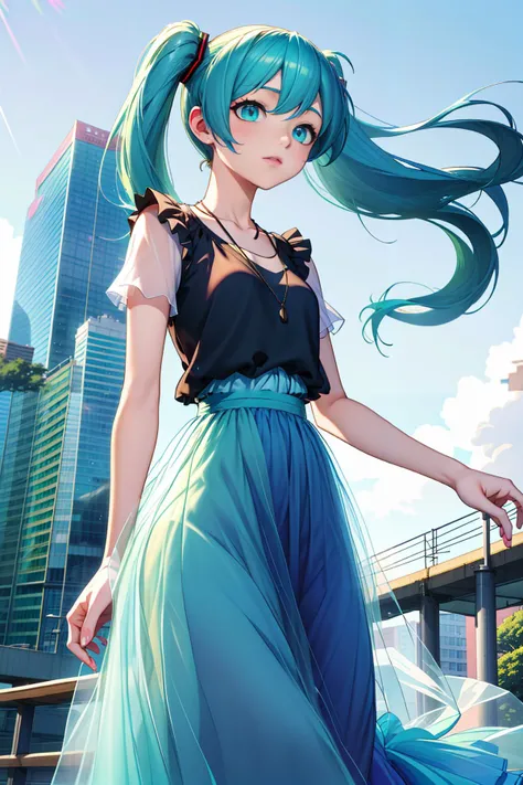 absurdres, best quality, ultra detailed, sunbeam, blue sky, skyscrapers, cityscape, windy, 
hatsune miku, tulle chiffon, frilled t-shirt, necklet, shining ornaments, beautiful detailed eyes, beautiful finger, long pants, from below, looking down, <lora:tul...