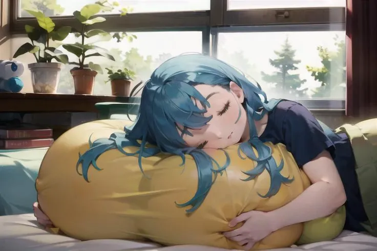 anime girl with blue hair laying on a yellow pillow on a bed