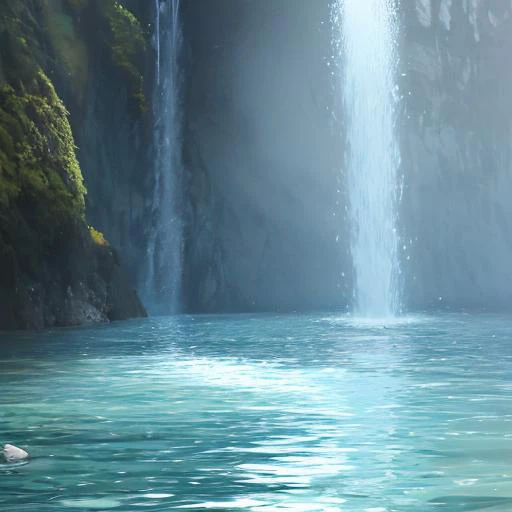 there is a man standing in front of a waterfall in the water