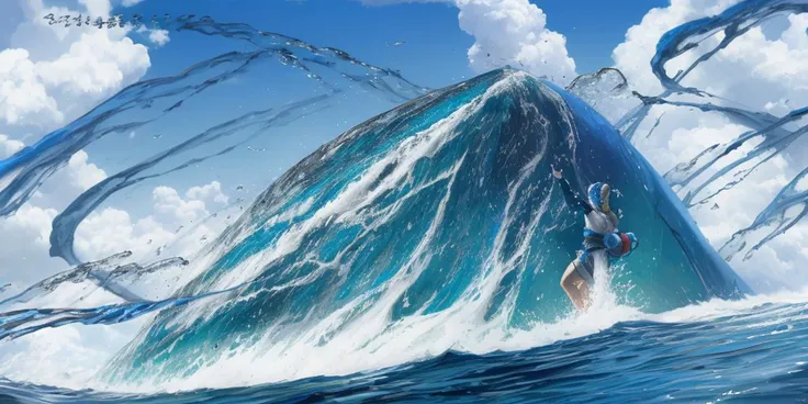 surfer riding a wave in the ocean with a huge wave behind him