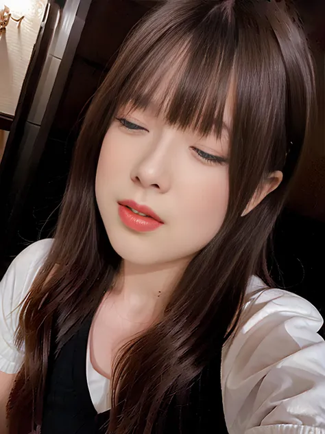 araffe asian woman with long brown hair and bangs taking a selfie