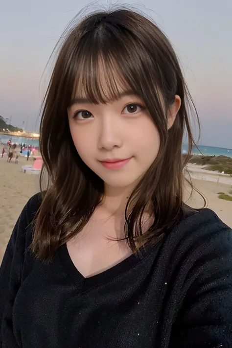 a close up of a woman standing on a beach near the ocean