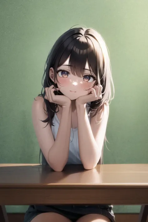 anime girl sitting at a table with her hands on her face