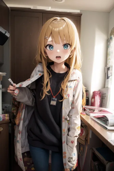 anime girl with blonde hair and blue eyes standing in a kitchen