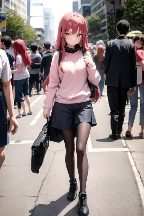 araffe girl in a pink shirt and black skirt walking down a street