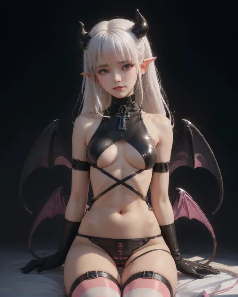 best quality, masterpiece, portrait, a photography of a beautiful girl, detailed face, naughty, (blush:1.2), profile,  
highres, 1girl (((naruse demon horns, demon wings, black panties pink and white striped thighhighs black gloves crop top midriff underbo...