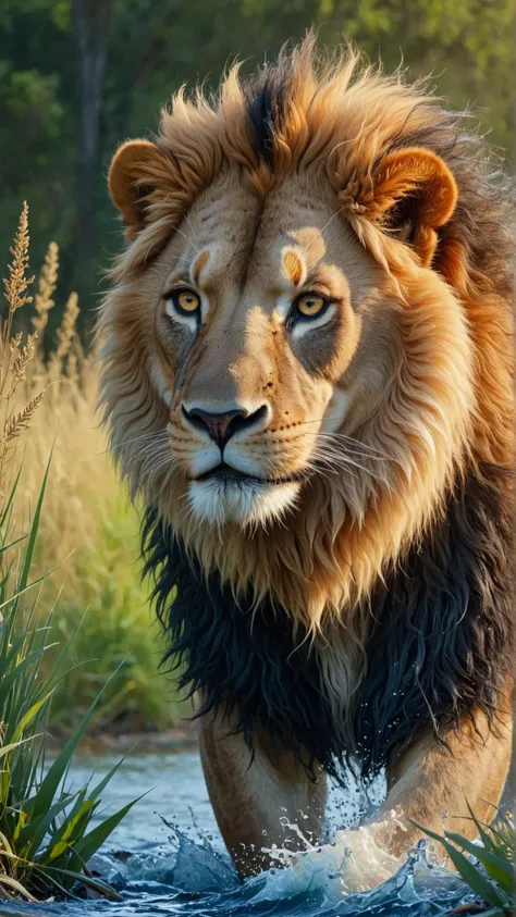 <lora:elementwatersdxl:1>elementwater realistic oil painting, majestic lion, golden savannah, golden hour, tall grass, acacia tr...